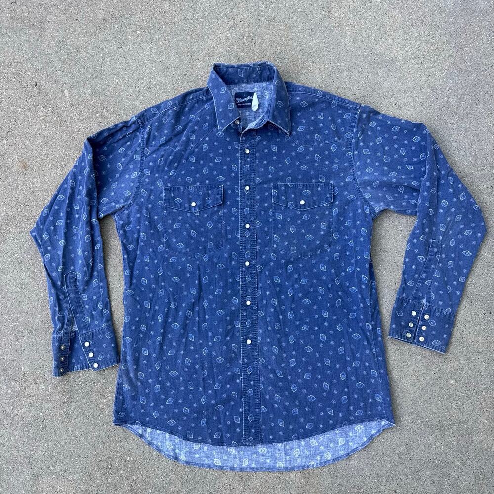 VTG 90s Wrangler Blue Western Bandana Print Long Sleeve Pearl Snap Shirt LARGE
